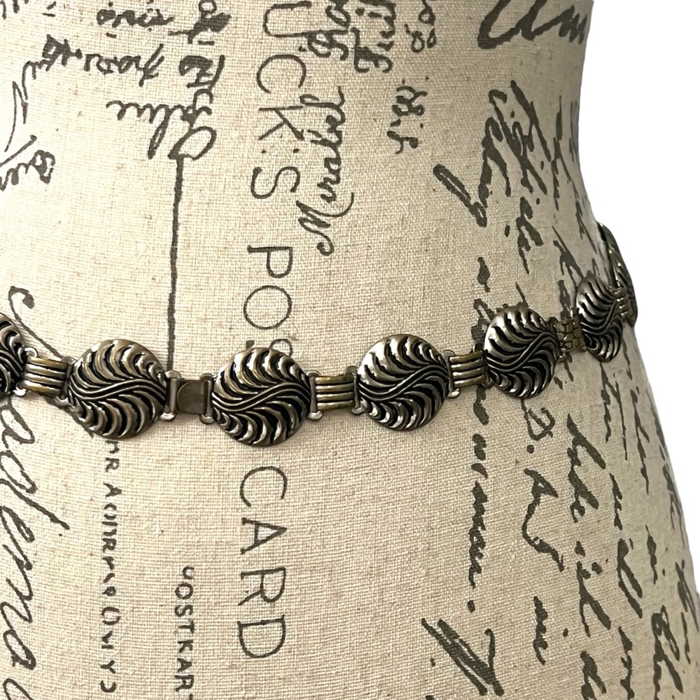 VTG Waist Belt Antique Silver Tone Metal Swirls Boho Western 28” 70’s Classic